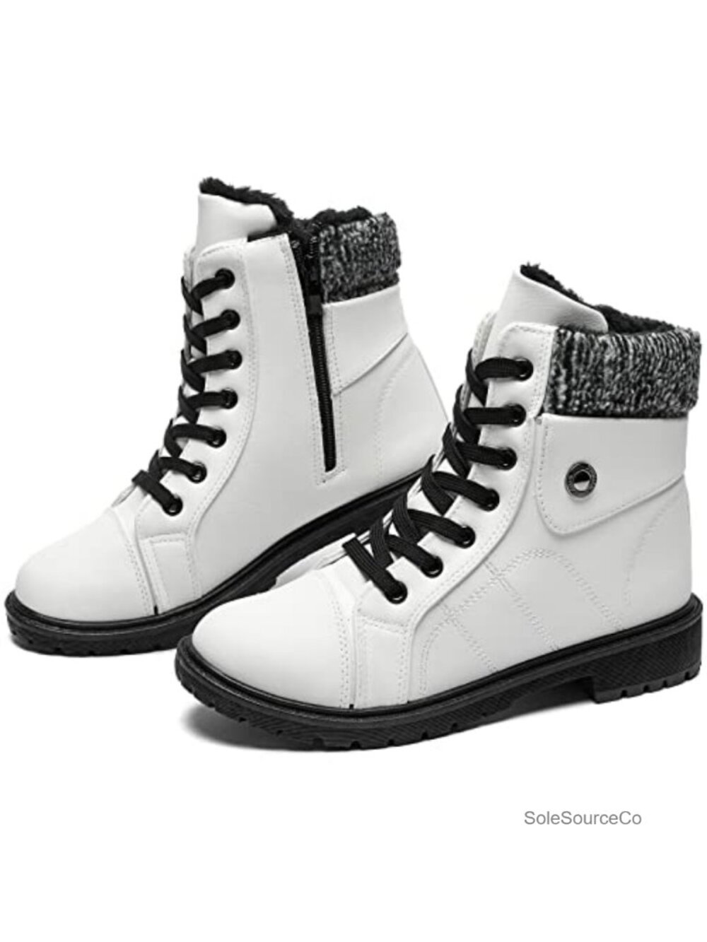 Women's PU Leather Combat Boots Faux Fur Lined Ankle Booties Side Zipper Winter